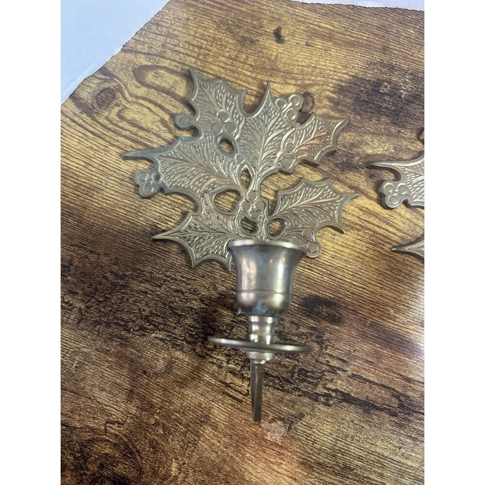 Vintage Brass Holly Leaf Candle Holders Pair Christmas Sconce Decor  Holiday Set